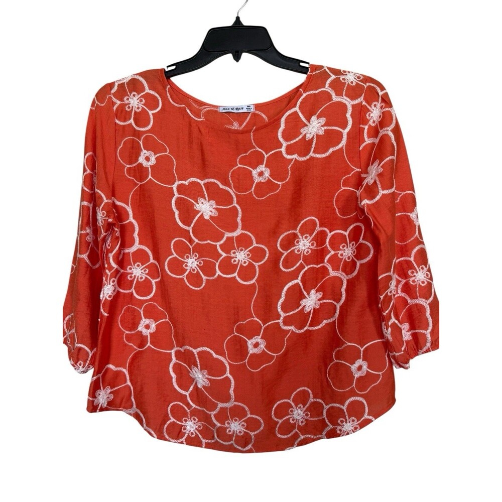 Ana & Rose Women’s Sz MP Embroidered Floral Blouse Coral White Boho
